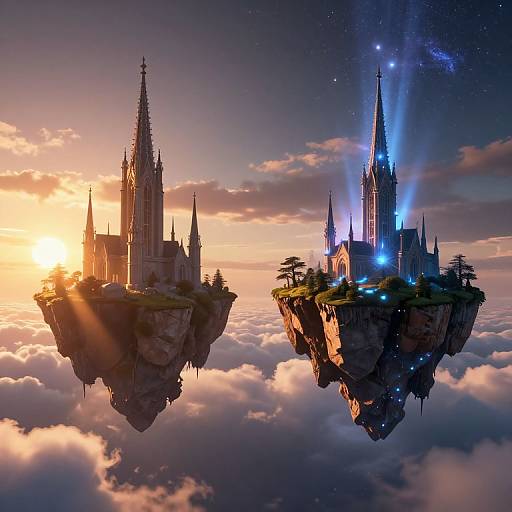 Digital artwork of two floating, Gothic-style castle islands at sunset and dawn, surrounded by clouds, with one illuminated by blue lights.