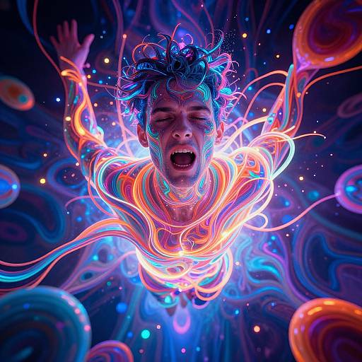Photograph-style digital artwork of a screaming man with glowing blue and orange energy swirling around him in a dark, starry background. Vibrant, swirling