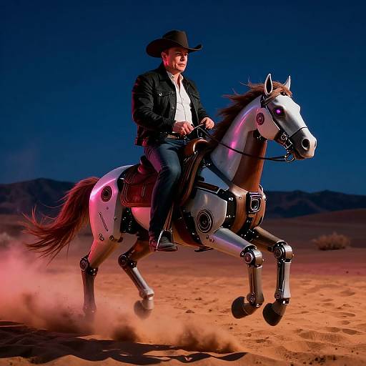 Photograph of a man in a black cowboy hat and jacket riding a robotic horse with glowing pink accents in a desert at night.