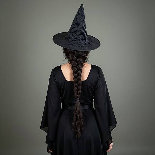 Photograph of a woman with long braided dark hair, facing away, wearing a black witch hat and a black, long-sleeved dress,