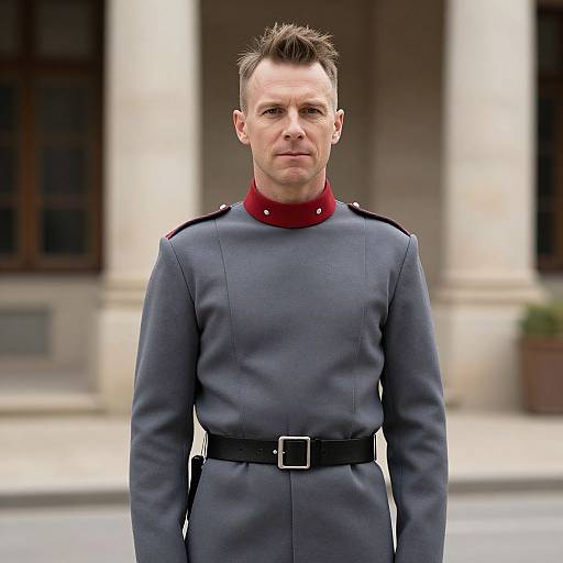 Photograph of a stern-looking Caucasian man with short brown hair, wearing a gray military uniform with a red collar and black belt, standing in front of