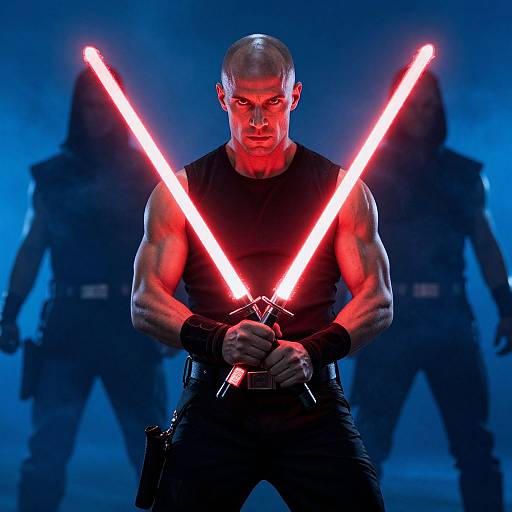 Muscular Man with Crossed Red Lightsabers