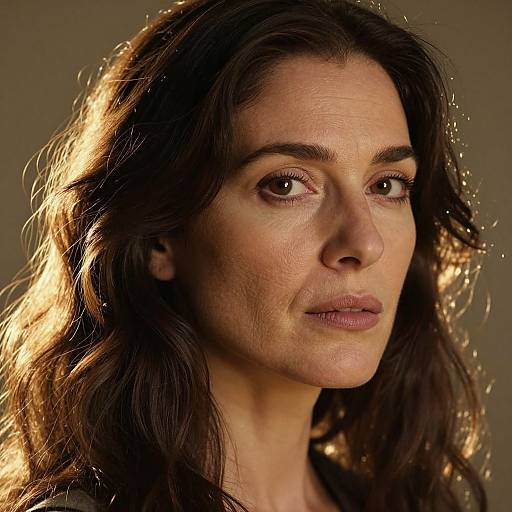 Photograph of a middle-aged woman with wavy brown hair, light olive skin, and brown eyes, illuminated by warm, golden light.