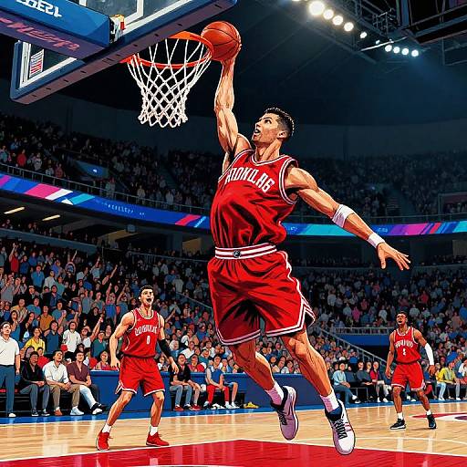 Photograph of a muscular male basketball player in a red uniform, mid-dunk, with teammates and a packed stadium in the background. Bright arena lights