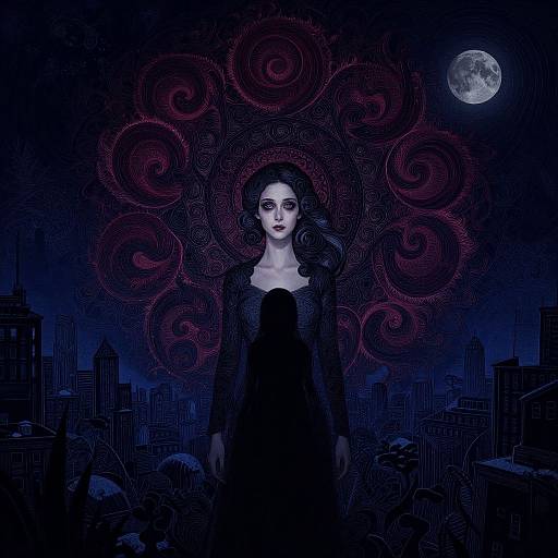 Digital artwork: Gothic-style woman with pale skin and dark hair stands in a dark, moonlit cityscape, surrounded by swirling red patterns. Silhou