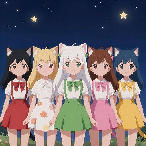 Starry Night Catgirls Group Portrait