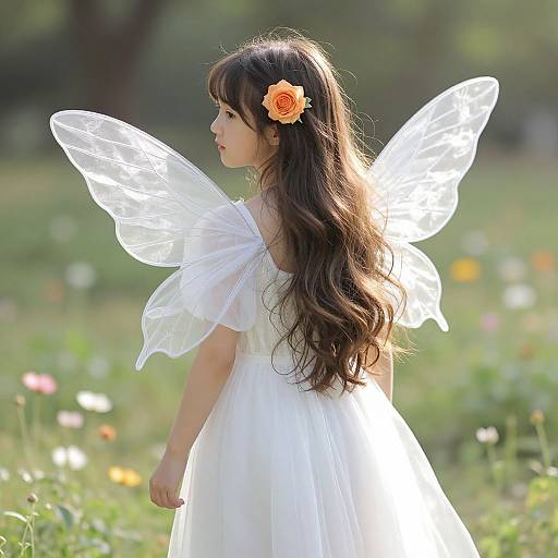 Young Girl with Fairy Wings in Meadow