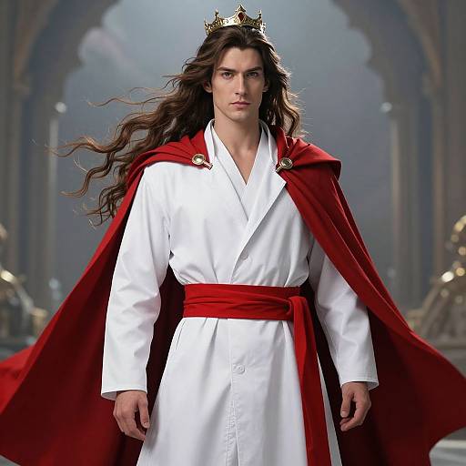 Photograph of a handsome young man with long brown hair, wearing a white robe, red sash, and red cape, crowned with a golden crown