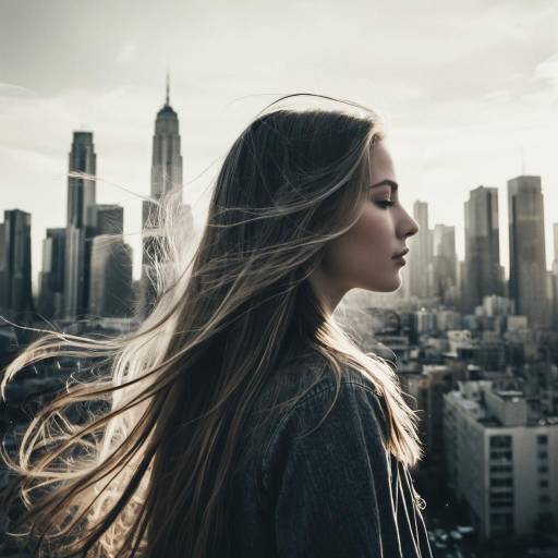 Surreal Portrait of Woman with Flowing Hair and City Skyline