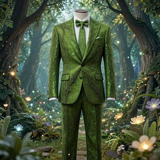 Enchanted forest-themed green suit with textured fabric, white shirt, and black bow tie, displayed on a headless mannequin amidst glowing flowers