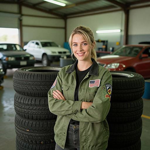 Photograph of a smiling blonde woman in a green jacket with American flag patches, standing in a car garage with stacks of black tires and parked cars in