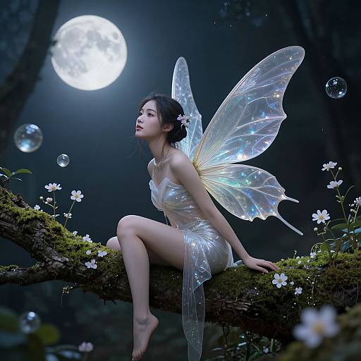 Photograph: Fairytale fairy with iridescent wings, translucent dress, sitting on mossy tree branch under full moon, surrounded by floating bubbles