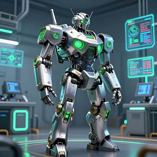 CGI image of a silver and green neon-lit humanoid robot standing in a futuristic control room with glowing screens and tech equipment.