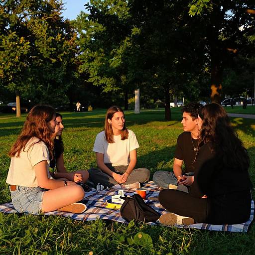 Photograph of four young women, sitting cross-legged on a plaid blanket in a sunlit park, chatting and enjoying snacks.