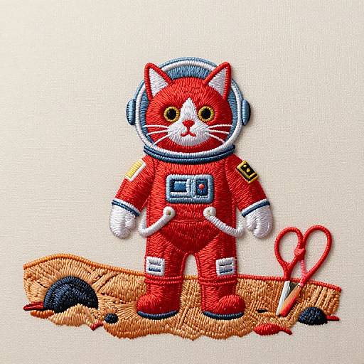 Embroidered Red Cat Astronaut with Scissors on Mars