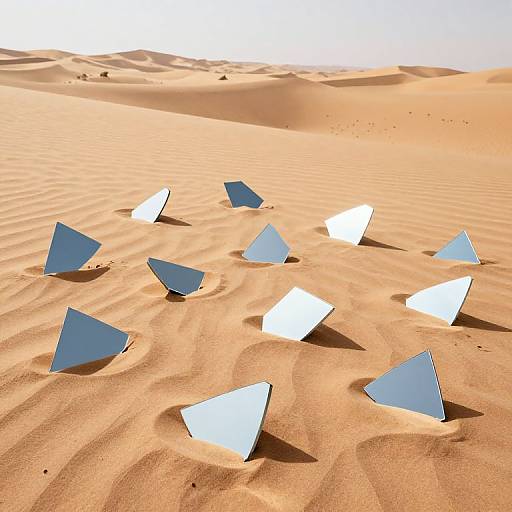 Photograph of seven reflective, blue-and-white triangular mirrors scattered across a sunlit, rippled desert sand dune landscape.