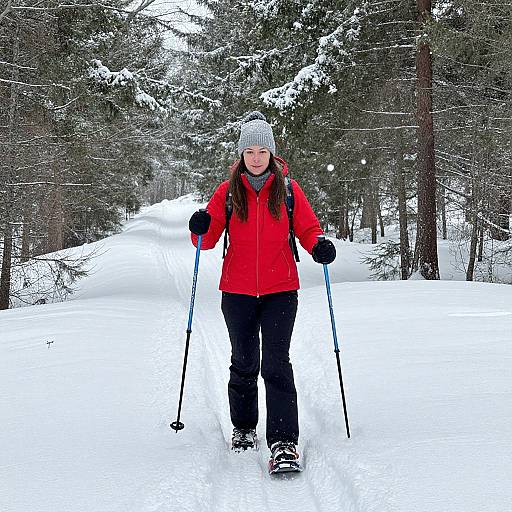 Photograph of a young woman with long brown hair, wearing a red jacket, black pants, and a white knit hat, skiing in a snowy forest