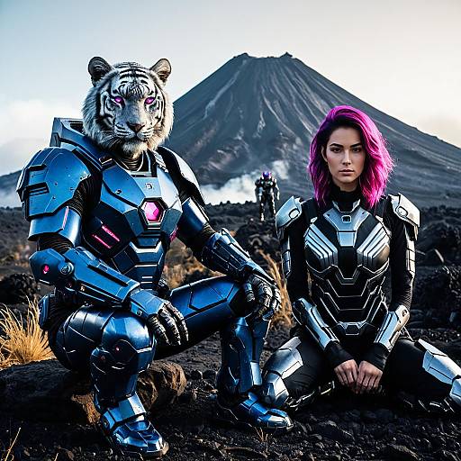 Futuristic Bounty Hunter Duo with Robotic Tiger