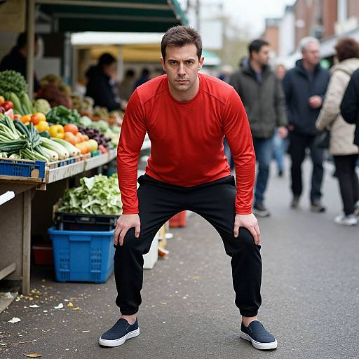 Photograph of a serious-looking man in a red long-sleeve shirt and black pants, squatting in a bustling outdoor market with colorful vegetables and