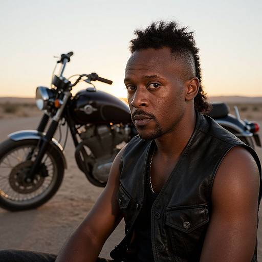 Trendy Mullet Man on Vintage Motorcycle