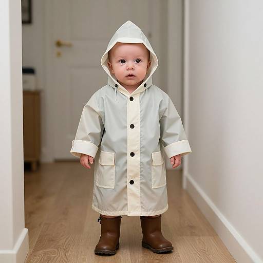 Photograph of a chubby-cheeked baby with fair skin, wearing a light blue hooded raincoat, white trim, brown boots, standing in