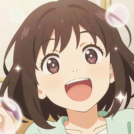 Digital anime-style drawing of a joyful young girl with short brown hair, large sparkling brown eyes, and an open smile, surrounded by glowing white sparkles