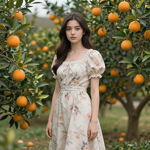 Young woman with long dark hair stands in an orange grove, wearing a floral dress, surrounded by vibrant orange fruits. Photograph.