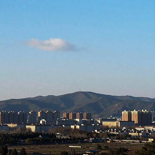 Blue Sky Mountain Town Cityscape Painting