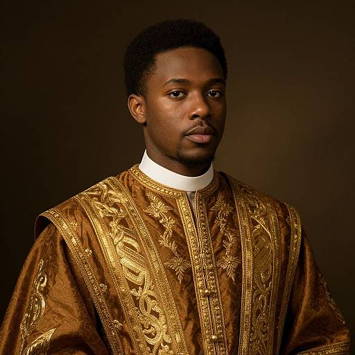 Photograph of a young Black man with short curly hair, wearing an ornate gold-brown robe with intricate embroidery, against a dark brown background.