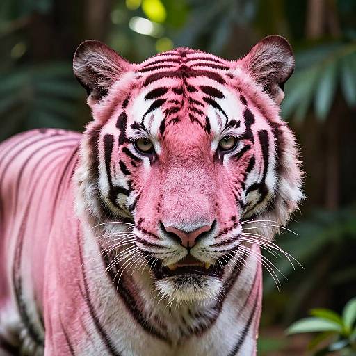 Close-up photograph of a white tiger with striking pinkish-white fur, black stripes, and intense blue eyes, set against a lush, green forest background