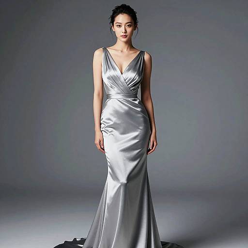 Woman in Elegant Silver Satin Gown