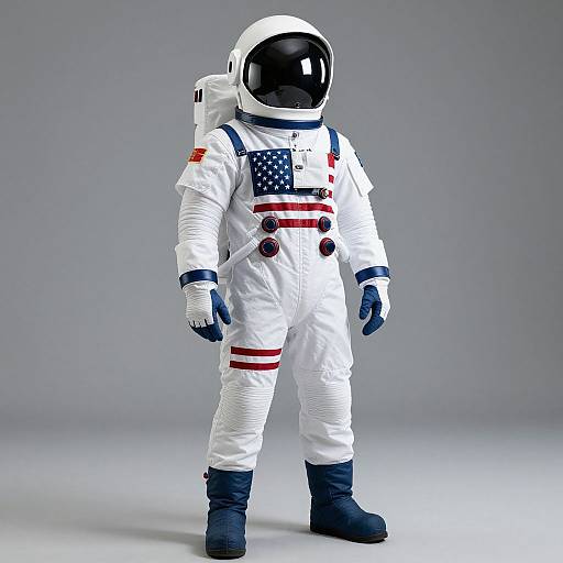 Photograph of a small child-sized astronaut suit with American flag patches, white helmet, blue gloves, and boots, standing against a gray background.