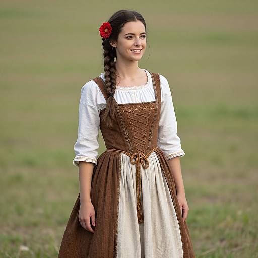 Photograph of a smiling young woman with dark hair in a braid, wearing a brown and white traditional European dress, standing in a green field.