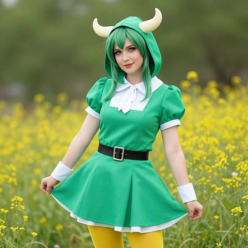 Photograph of a young woman in a green cosplay outfit with horned hood, white collar, yellow leggings, and yellow field background.