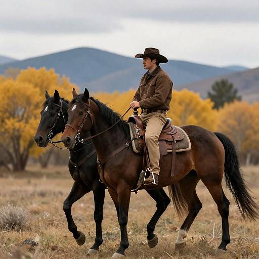 Cowboy Riding Horses in Autumn Landscape