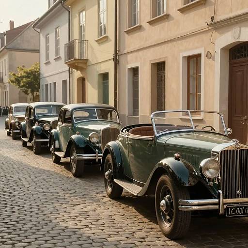 Photograph of five vintage cars, including a dark green convertible, lined up on a cobblestone street in a sunlit European town.