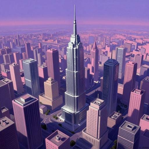 Digital CGI image of a vibrant, purple-hued cityscape featuring a prominent, illuminated skyscraper with a spire, surrounded by numerous high-rise buildings