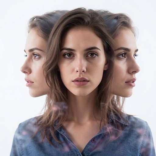 Photograph of a young woman with three overlapping profiles, brown wavy hair, blue denim shirt, neutral expression, white background.