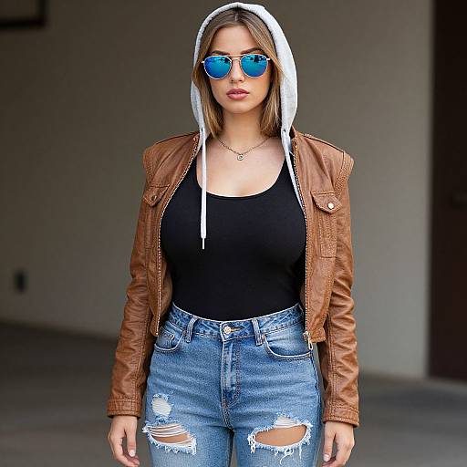 Photograph of a young woman with light skin, blue reflective sunglasses, brown leather jacket, white hood, black top, and ripped blue jeans.