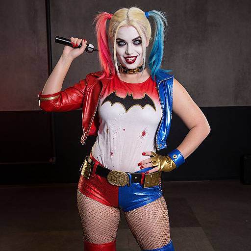 Photograph of a plus-sized woman in Harley Quinn cosplay, with dual-colored pigtails, red and blue leather jacket, fishnet stockings, and