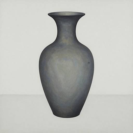 Photograph of a matte, dark blue, oval-shaped vase with a narrow neck and wide opening, standing on a white surface against a plain white background
