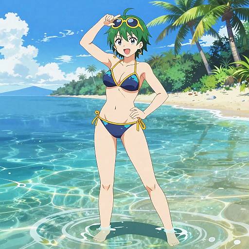 Anime-style digital illustration of a green-haired girl in a blue and yellow bikini, standing in clear tropical ocean water, palm trees and beach in background,