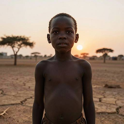 Photograph of a shirtless young African boy with dark skin, short curly hair, and bare chest, standing in a dry, sunlit savanna