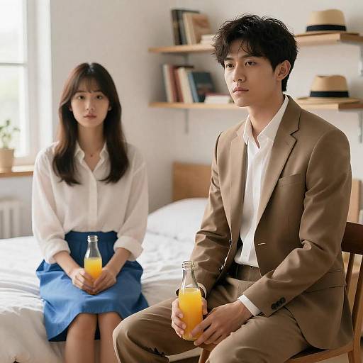 Asian Couple with Orange Juice in Bedroom