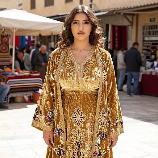 Photograph of a beautiful woman with wavy brown hair, wearing a golden, floral-patterned, long-sleeve dress, standing in a bustling