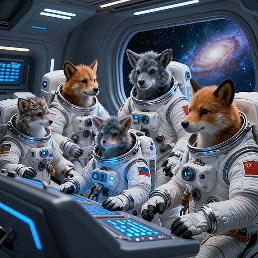 Digital artwork of six anthropomorphic foxes and wolves in white space suits, seated in a futuristic spacecraft control room, gazing at a starry galaxy