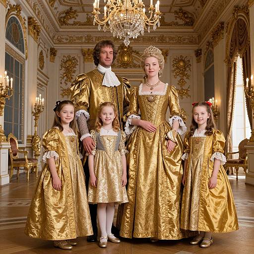 Photograph of a family in opulent 18th-century-style gold dresses, standing in an ornate, chandelier-lit room with elaborate wallpaper