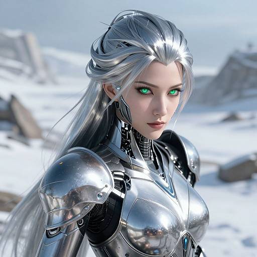CGI image of a silver-haired, green-eyed woman with metallic armor in a snowy landscape, showcasing her reflective, futuristic armor.