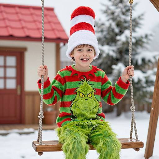 Photograph of a smiling boy in a red-and-green striped sweater with a green monster face, red-and-white Santa hat, and furry green pants,