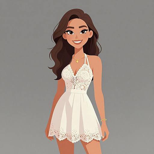 Digital illustration of a smiling woman with long, wavy brown hair, wearing a white lace halter dress, gold necklace, and bracelet, against a